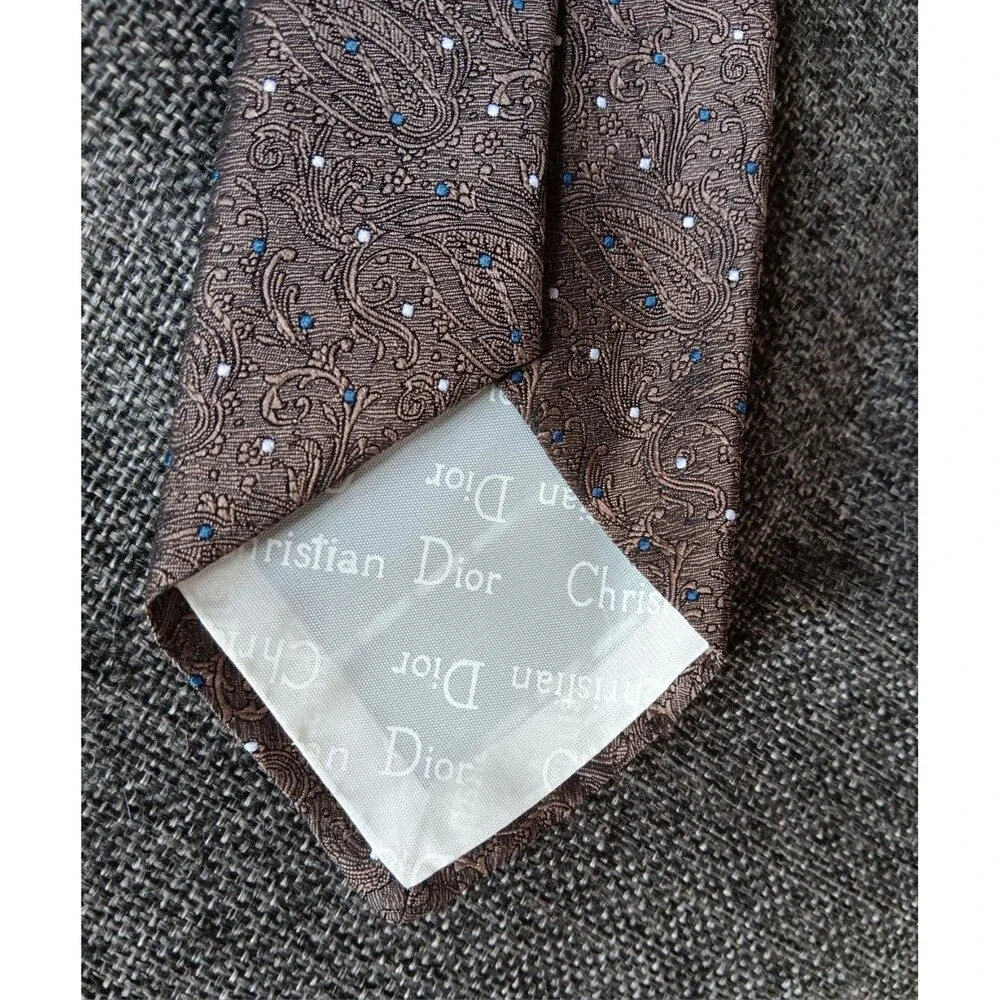Tie 70s 80s 90s Y2K Mens Christian Dior Brown Polka Dots 3 Wide 56 Long